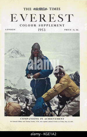 Cover of an original Times Everest colour supplement published in 1953 of Sir Edmund Hillary and Sherpa Tenzing Norgay on the summit of Mount Everest during the  Everest Expedition and the succesful summit on 29 May 1953. Stock Photo