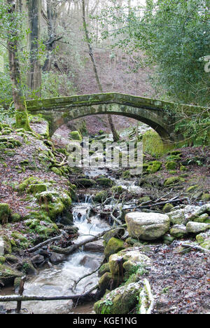 Sheffield, UK - Jan 2015: Tinker Brook passes beneath a Packhorse Bridge, a footbridge in Glen Howe park on 18 Jan 2015 near Wharncliffe Side Stock Photo