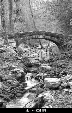 Sheffield, UK - Jan 2015: Tinker Brook passes beneath a Packhorse Bridge, a footbridge in Glen Howe park on 18 Jan 2015 near Wharncliffe Side Stock Photo