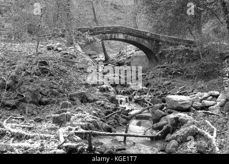 Sheffield, UK - Jan 2015: Tinker Brook passes beneath a Packhorse Bridge, a footbridge in Glen Howe park on 18 Jan 2015 near Wharncliffe Side Stock Photo