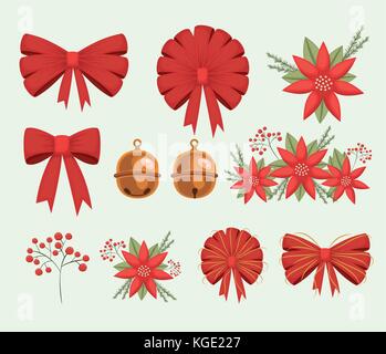 christmas set decorative ribbons bows and poinsettia flowers on white background Stock Vector