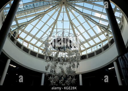 Sheffield, Yorkshire, UK. October 25, 2017. Looking out of the dome with Christmas decorations at The Meadowhall shopping centre at Sheffield in Yorks Stock Photo