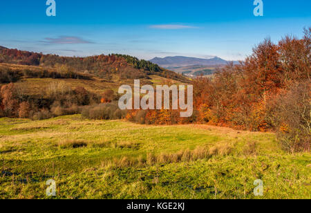 mountainous rural area in late autumn. trees with reddish foliage on green grassy hills. mountain ridge with high peak in the distance Stock Photo