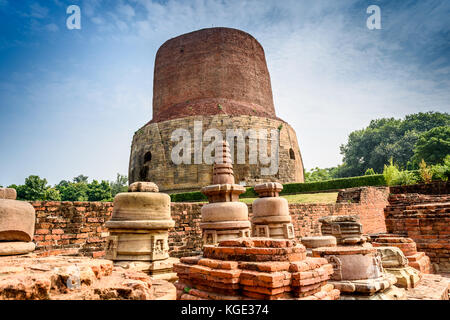 Dhamek Stupa is a massive stupa located at Sarnath, 13 km away from Varanasi in the state of Uttar Pradesh, India. Stupas originated as pre-Buddhist t Stock Photo