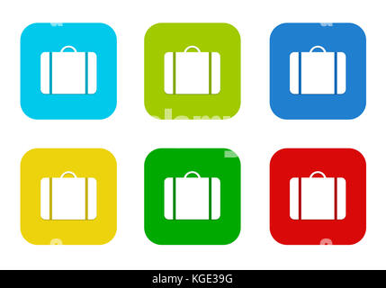 Set of rounded square colorful flat icons with luggage symbol in blue, green, yellow, cyan and red colors Stock Photo