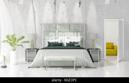 Modern loft interior design of bedroom in vogue with plant and copyspace in horizontal arrangement. 3D rendering. Stock Photo