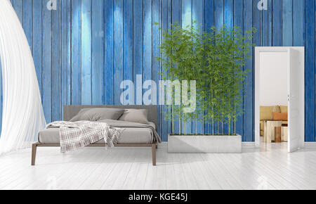 Modern loft interior design of bedroom in vogue with plant and copyspace in horizontal arrangement. 3D rendering. Stock Photo