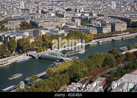 View from the Eiffel Tower looking towards the Passerelle Debilly, a footbridge that connects the quai de New York to the quai Branly in Paris France. Stock Photo