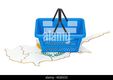 Shopping basket on Cyprus map, market basket or purchasing power concept. 3D rendering Stock Photo