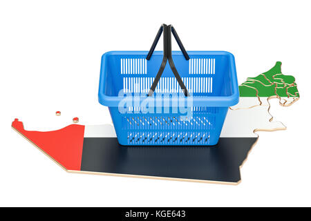 Shopping basket on UAE map, market basket or purchasing power concept. 3D rendering Stock Photo