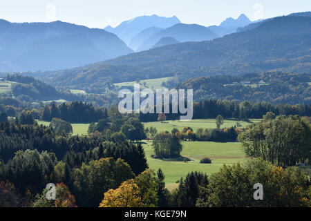 view from alpine foothills near Siegsdorf, Hochberg, towards bavarian alps with Mt. Watzmann and Hochkalter Stock Photo