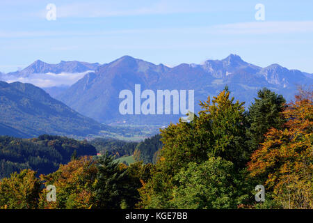 view from Hochberg near Siegsdorf towards bavarian alps, Germany Stock Photo