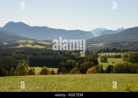 view from Hochberg near Siegsdorf towards the alps with Zwiesel, Watzmann, Hochkalter. Chiemgau, Bavaria, Germany Stock Photo