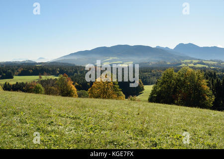 view from Hochberg near Siegsdorf towards the alps with Teisenberg, Hochstaufen, Zwiesel. Chiemgau, Bavaria, Germany Stock Photo