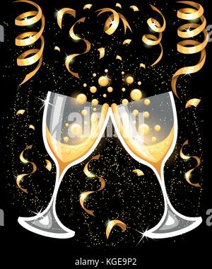 Two glasses of champagne. Merry Christmas and Happy New Year concept. Vector Illustration Vector illustration Web site page and mobile app design. Stock Vector