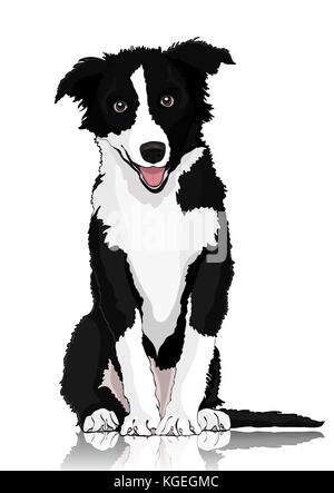 Dog vector drawing. Black and white cartoon shaggy dog full-length isolated on white background Stock Vector