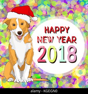 Happy new year, new year card with a drawn yellow dog in the Santa Claus hat, symbol of the year 2018, against a background of colorful bright confetti. Vector illustration, banner, poster