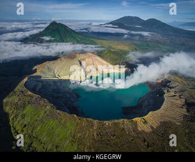 Kawah Ijen Volcano Complex in Banyuwangi - East Java Indonesia in drone point of view. Stock Photo