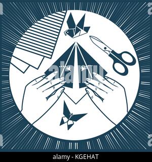 concept of origami lessons, children's creativity in the form of hands bending sheet of paper. Icon, silhouette in linear style Stock Vector