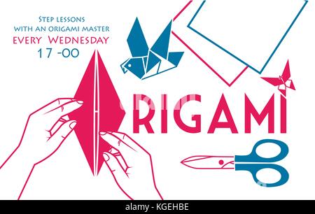 banner, cover for origami in the form of hands bending sheet of paper and items  object for origami for printing in two colors Stock Vector