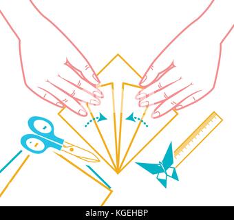concept of origami lessons, children's creativity in the form of hands bending sheet of paper. Icon in linear style Stock Vector