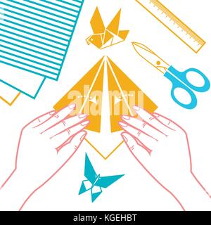 concept of origami lessons, children's creativity in the form of hands bending sheet of paper. Icon in linear style Stock Vector