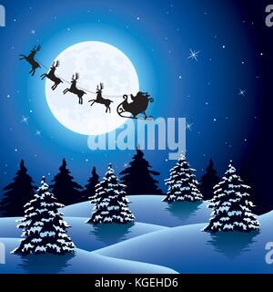 vector xmas holiday background with silhouettes of flying santa claus driving sleigh and reindeers. winter night sky with bright moon and stars, trees Stock Vector