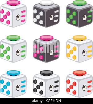 vector colorful icons of fidget cubes. stress relaxation toy isolated on white background. fidget cube relax symbol Stock Vector