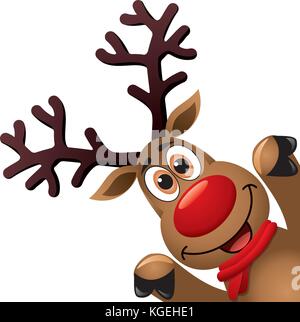 vector xmas drawing of funny red nosed reindeer. christmas card illustration. cartoon rudolph deer with red scarf and big horns on white background, b Stock Vector