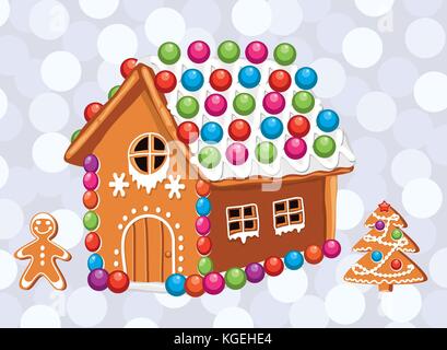 vector xmas card with colorful gingerbread house, gingerbread cookies of man and christmas tree with sugar icing decoration. christmas holiday food ba Stock Vector