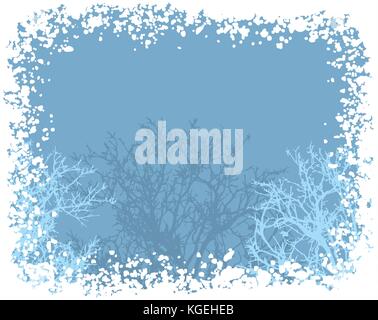 vector winter snow border background with trees and copy space. christmas holiday frame with snowflakes Stock Vector