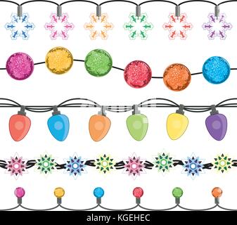 vector seamless strings of christmas light garland lamps isolated on white background. hanging decorative xmas lights Stock Vector