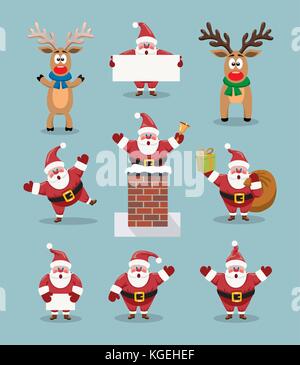 vector collection of cute cartoons of santa claus and red nosed reindeer, rudolph. funny characters for merry christmas  and new year illustrations. Stock Vector