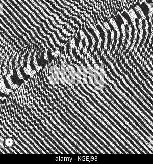 Waveform background. Dynamic visual effect. Surface distortion. Black and white sound waves. Pointillism pattern with optical illusion. Stippled vecto Stock Vector