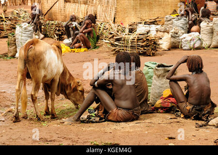 DIMEKA, OMO VALLEY, ETHIOPIA - JULY 27: Portrait of the woman from Hamer people resting on the local marketplace in Dimeka, Omo valley in July 27, 201 Stock Photo