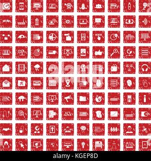 100 cyber security icons set grunge red Stock Vector