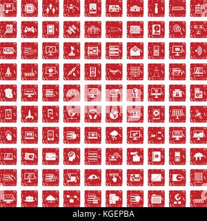 100 database and cloud icons set grunge red Stock Vector
