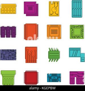 Computer chips icons doodle set Stock Vector