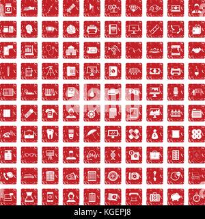 100 department icons set grunge red Stock Vector