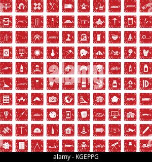 100 development icons set grunge red Stock Vector