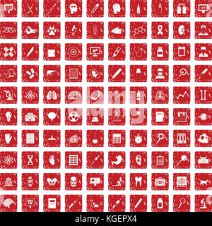 100 diagnostic icons set grunge red Stock Vector