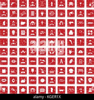 100 different professions icons set grunge red Stock Vector