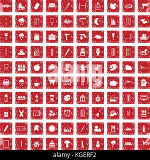 100 drawing icons set grunge red Stock Vector
