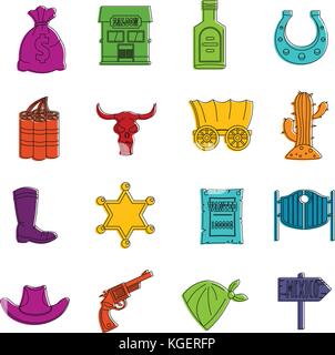 Wild west icons doodle set Stock Vector