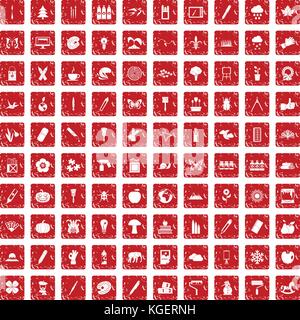 100 eco design icons set grunge red Stock Vector
