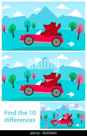 Find differences, education game for children. Cute bear driving his red convertible car. Stock Vector