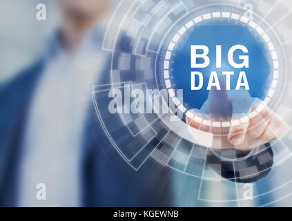 Big data technology concept with person touching complex abstract interface representing warehouse storage, cloud computing, artificial intelligence o Stock Photo