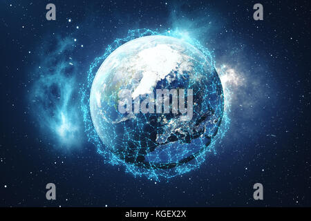 3D Rendering Global Network Background. Connection Lines with Dots Around Earth Globe. Global International Connectivity. Earth from Space With Stars and Nebula. Elements of this image furnished by NASA. Stock Photo