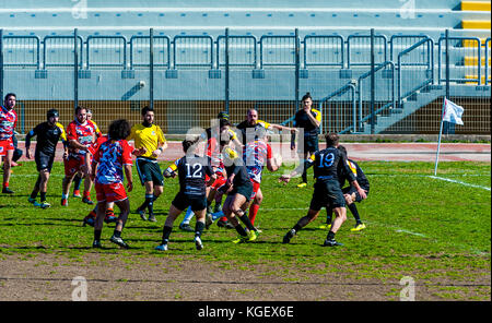 BARI, ITALY - February 19, 2017: Serie C1 - Italian Championship 2016-2017 - The stage play of the match between 'Tigers Rugby Bari 1980 ASD' and 'CIC Stock Photo