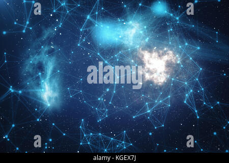 3D Rendering Technological Connection Futuristic Shape, Blue Dot Network, Abstract Background, Blue Background With Stars and Nebula, Concept of Network. Stock Photo